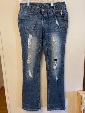 Ariya Distressed Medium Blue Flare Jeans